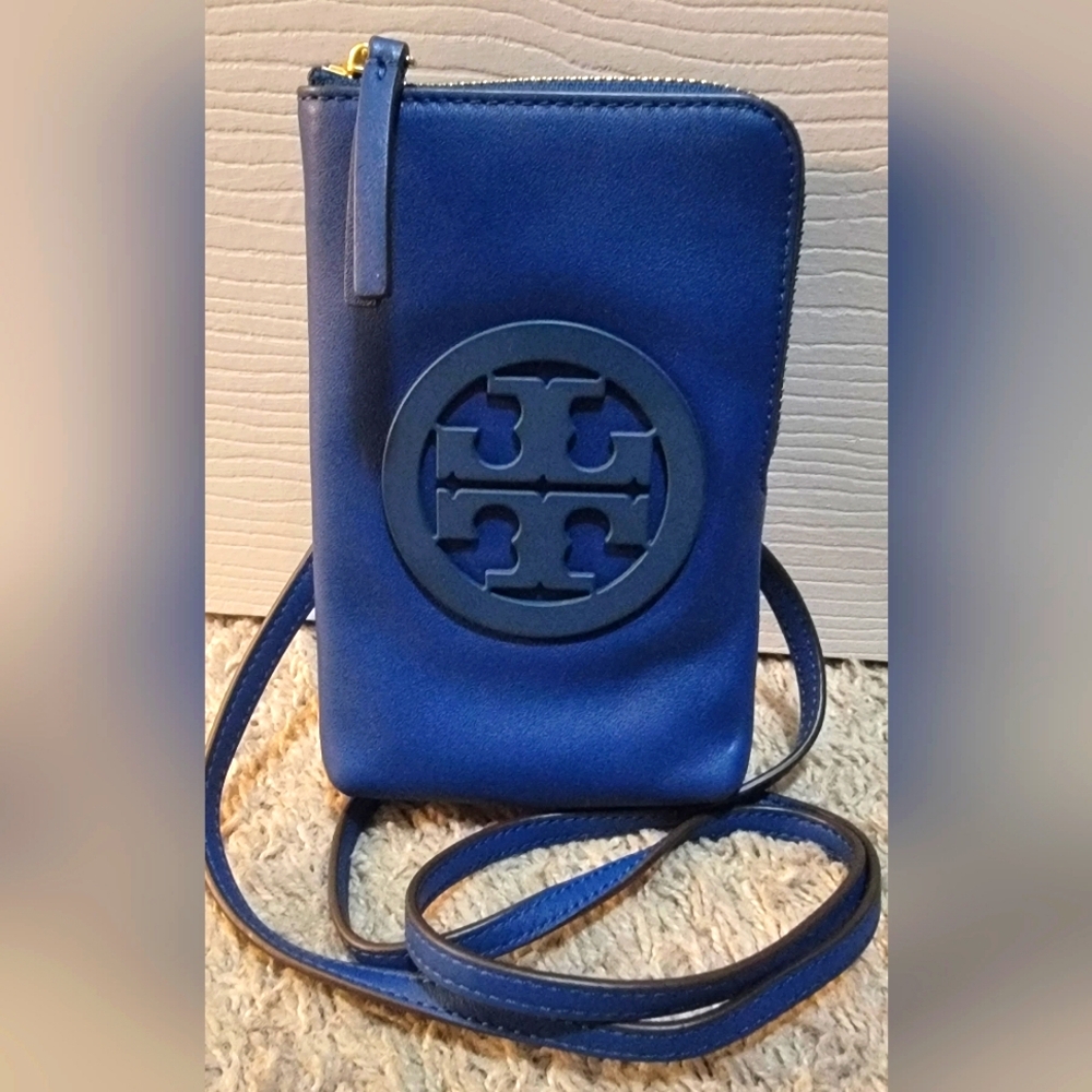 Tory Burch Charlie Mini Phone Crossbody Leather Bag Phone Case Blue